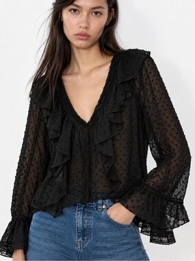 Zara NWT Black Swiss Dot Ruffle Sheer Chiffon Blouse Boho Romantic Women Size M